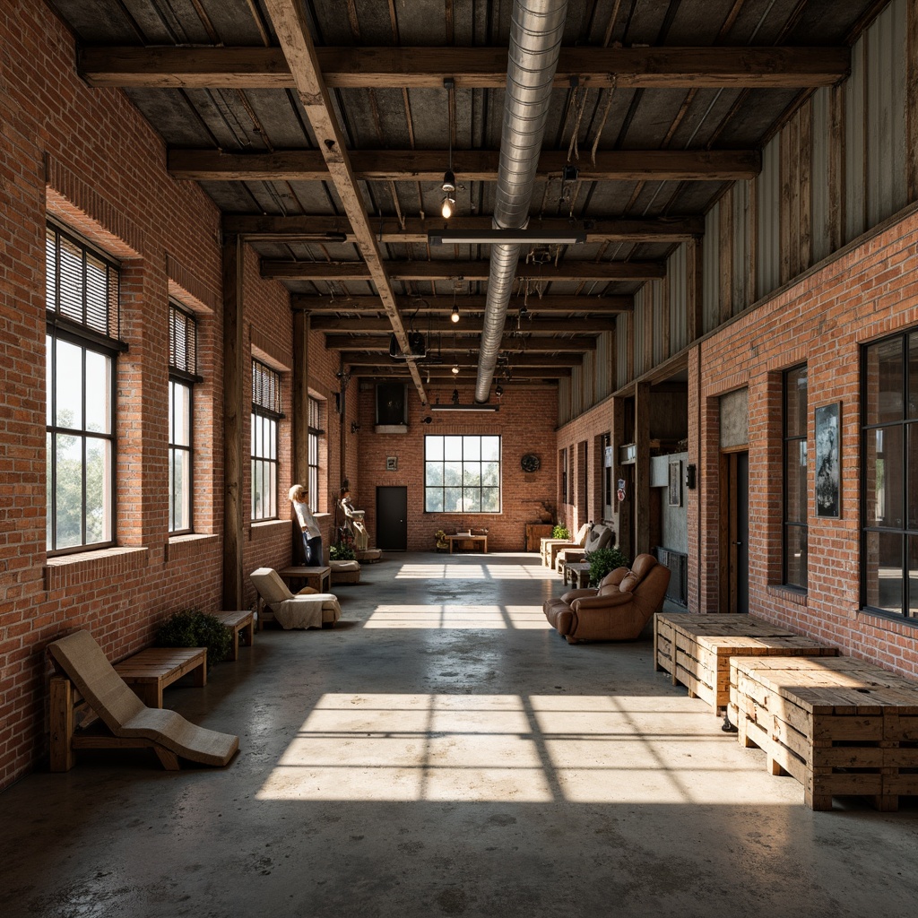 Prompt: Rustic industrial landscape, abandoned factories, worn brick walls, distressed metal roofs, reclaimed wood accents, earthy tones, natural textures, regional materials, local craftsmanship, exposed ductwork, concrete floors, steel beams, functional minimalism, industrial chic aesthetic, warm soft lighting, shallow depth of field, 1/1 composition, realistic renderings, ambient occlusion.