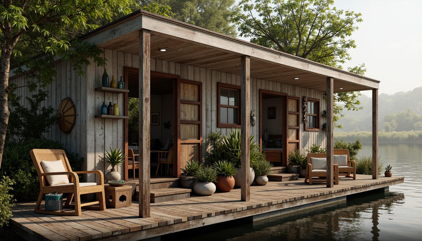 Prompt: Whimsical boathouse, eclectic facade, distressed wood textures, vintage nautical elements, rusty metal accents, colorful glass bottles, woven wicker furniture, lush greenery, overgrown vegetation, misty morning atmosphere, soft warm lighting, shallow depth of field, 1/1 composition, realistic water reflections, ambient occlusion.