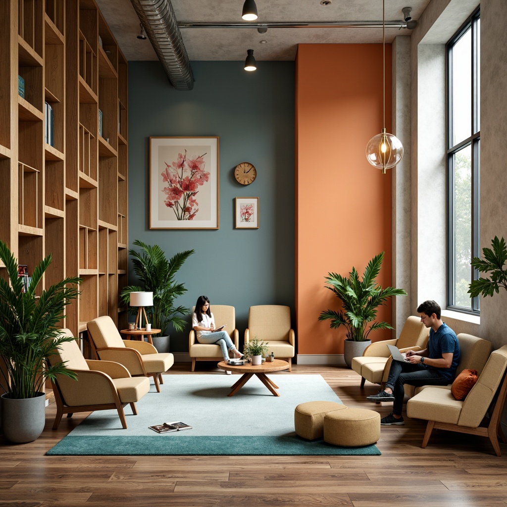 Prompt: Vibrant student lounge, bold accent walls, warm beige furniture, rich wood tones, calming blue-green hues, natural textiles, industrial metal accents, modern minimalist decor, cozy reading nooks, comfortable seating areas, abundant natural light, soft warm lighting, 1/1 composition, realistic textures, ambient occlusion.