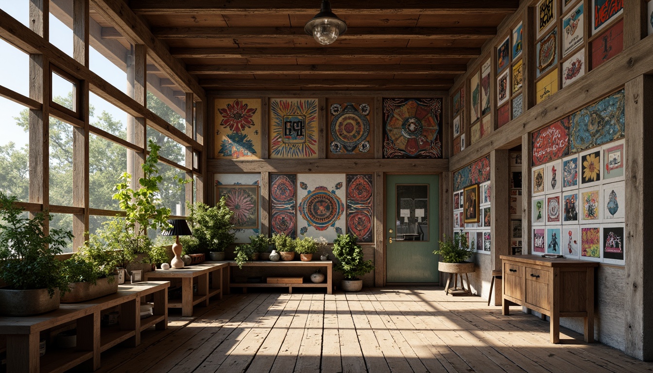 Prompt: Rustic wooden planks, distressed metal panels, rough-hewn stone walls, ornate ceramic tiles, vibrant graffiti murals, eclectic mix of patterns, earthy color palette, natural light filtering, warm atmospheric ambiance, shallow depth of field, 1/1 composition, realistic textures, ambient occlusion.