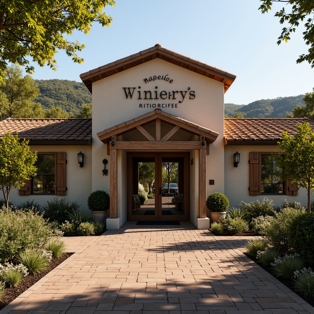 Prompt: Rustic winery facade, Mediterranean-inspired architecture, earthy tones, stone walls, wooden accents, curved lines, ornate metalwork, vineyard surroundings, lush greenery, rolling hills, sunny afternoon, warm golden lighting, shallow depth of field, 1/1 composition, symmetrical view, realistic textures, ambient occlusion, natural materials, reclaimed wood, wrought iron details, elegant signage, sophisticated typography.