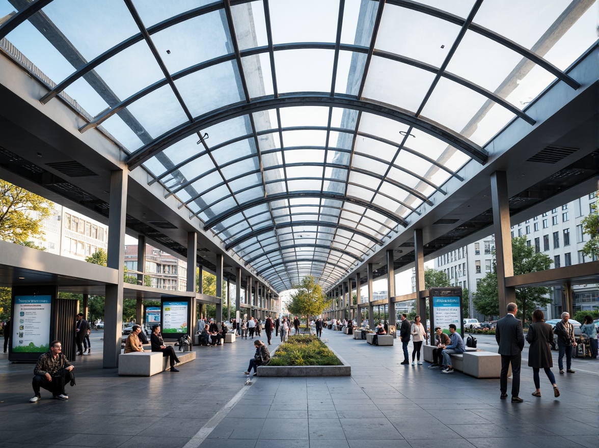 Prompt: Curved bus station canopy, sleek metal framework, transparent glass roofs, modern minimalist architecture, efficient passenger flow, streamlined waiting areas, comfortable seating, real-time information displays, intuitive wayfinding systems, natural stone flooring, urban cityscape, morning commute, soft diffused lighting, shallow depth of field, 1/1 composition, symmetrical framing, realistic reflections.