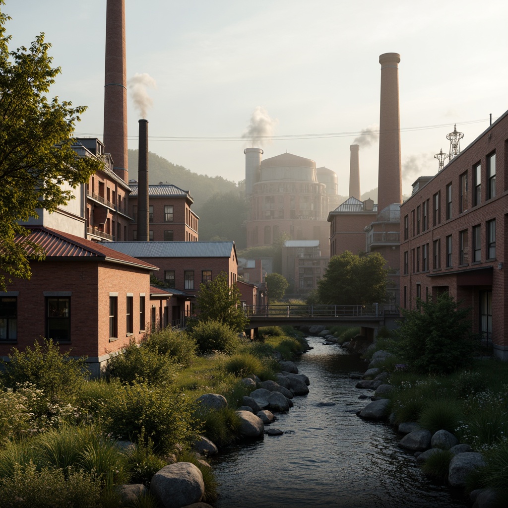 Prompt: Industrial factory complex, rustic brick buildings, corrugated metal roofs, worn concrete walls, vintage machinery, abandoned chimneys, overgrown vegetation, wildflowers, meandering streams, misty atmosphere, soft warm lighting, shallow depth of field, 3/4 composition, panoramic view, realistic textures, ambient occlusion, regionalism-inspired architecture, modern industrial design, functional spaces, exposed ductwork, metal catwalks, reclaimed wood accents, earthy color palette, natural stone pathways, weathered steel bridges.