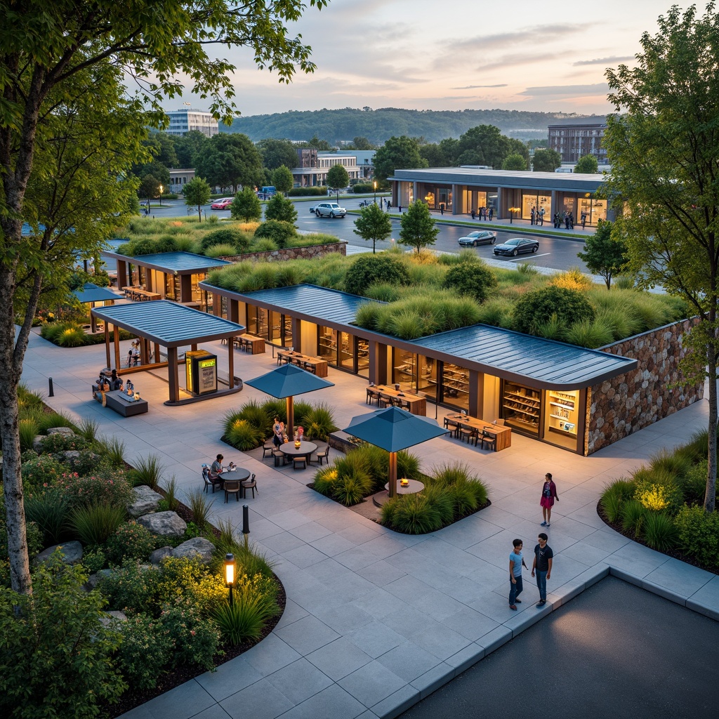 Prompt: Vibrant gas station, lush green roofs, native plant species, natural stone walls, modern architecture, sleek metal canopies, LED lighting, eco-friendly fueling systems, solar panels, rainwater harvesting systems, permeable pavement, stormwater management, outdoor seating areas, shaded walkways, pedestrian-friendly access, wheelchair-accessible ramps, clear signage, wayfinding graphics, warm color scheme, soft evening lighting, shallow depth of field, 3/4 composition, panoramic view, realistic textures, ambient occlusion.