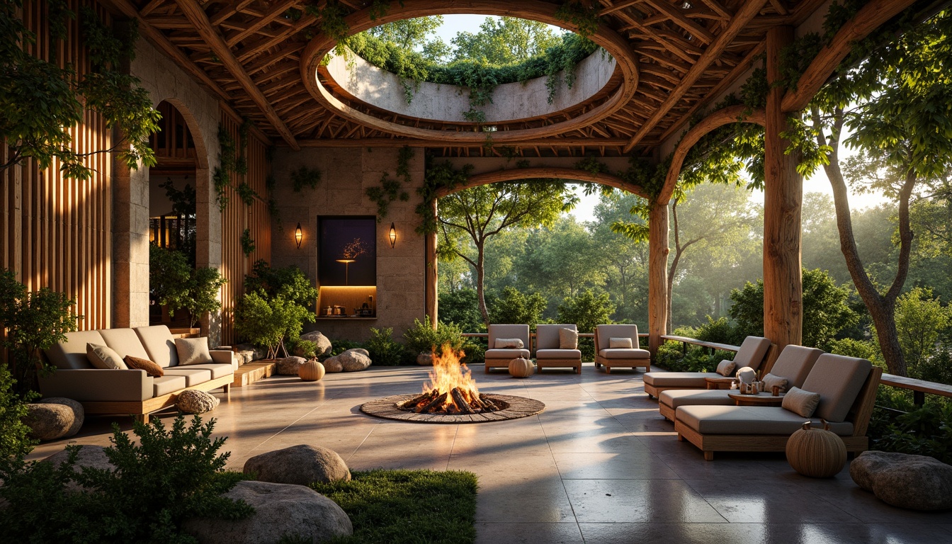 Prompt: Organic architecture, natural materials, earthy tones, curved lines, irregular shapes, lush greenery, vines crawling walls, warm soft lighting, ambient glow, lantern-inspired fixtures, pendant lamps, candlelight, fire pit, cozy nooks, intimate spaces, nature-inspired textures, reclaimed wood accents, living walls, biophilic design, morning sunlight, dappled shadows, warm color palette, 1/1 composition, shallow depth of field, realistic rendering.