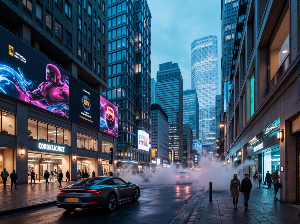 Prompt: Futuristic cityscape, neon-lit skyscrapers, metallic surfaces, holographic advertisements, sleek curves, angular lines, iridescent colors, glowing accents, LED lights, translucent materials, reflective glass facades, cyberpunk atmosphere, high-tech gadgets, robotic figures, virtual reality interfaces, augmented reality displays, 3D projections, misty fog effects, shallow depth of field, cinematic composition, futuristic typography, neon-lit streets, rainy night scene, moody lighting, ambient occlusion.