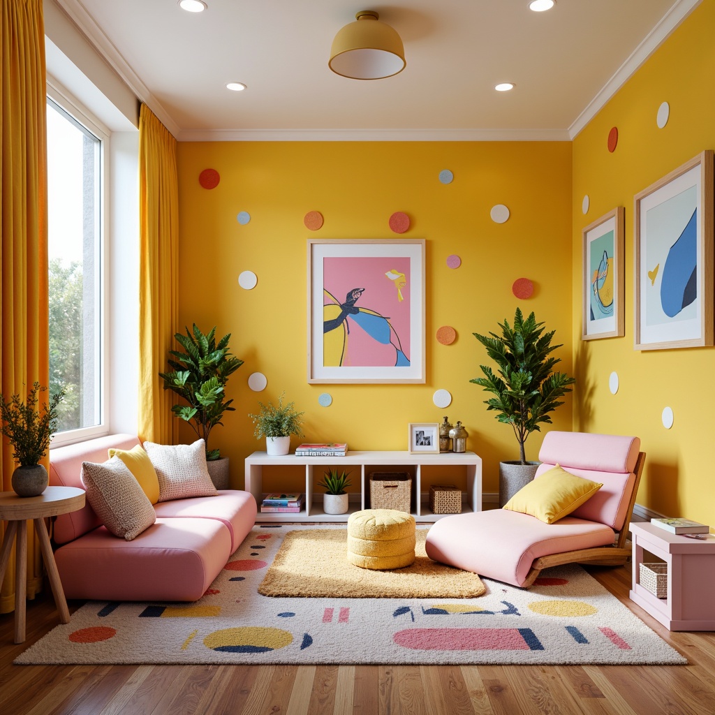 Prompt: Vibrant playroom, whimsical color accents, bold polka dots, bright yellow walls, soft pink furniture, playful geometric patterns, textured carpets, natural wood floors, modern minimalist decor, cozy reading nooks, oversized pillows, fun abstract artwork, eclectic decorative objects, warm task lighting, shallow depth of field, 1/1 composition, realistic textures, ambient occlusion.