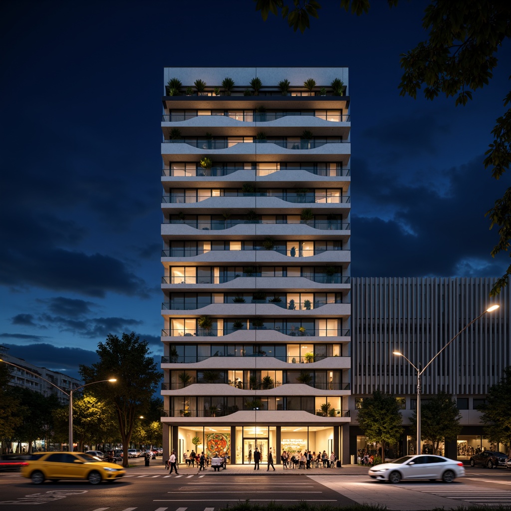 Prompt: Geometric hotel facade, asymmetrical composition, rectangular windows, industrial materials, raw concrete walls, steel beams, minimalist decor, functional simplicity, bold color accents, abstract artwork, urban cityscape, busy streets, modern streetlights, dramatic nighttime lighting, low-angle shot, 1/2 composition, high-contrast tone, cinematic atmosphere, brutalist architecture, clean lines, rectangular shapes, functional minimalism.