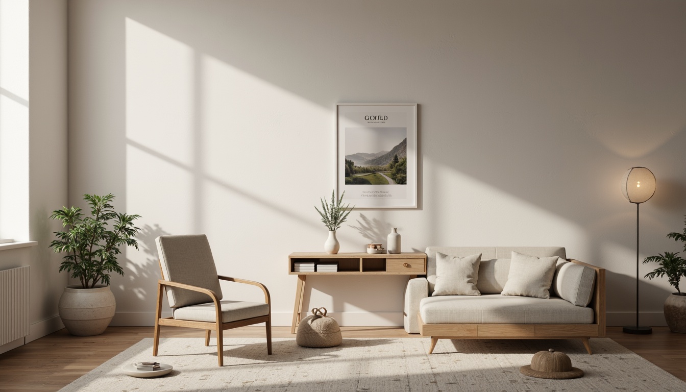 Prompt: Minimalist interior, monochromatic color scheme, clean lines, simple shapes, natural materials, wooden accents, subtle textures, soft warm lighting, shallow depth of field, 1/1 composition, realistic render, ambient occlusion, cozy atmosphere, intimate scale, functional simplicity, Scandinavian-inspired furniture, neutral tone palette, elegant typography, subtle branding elements.