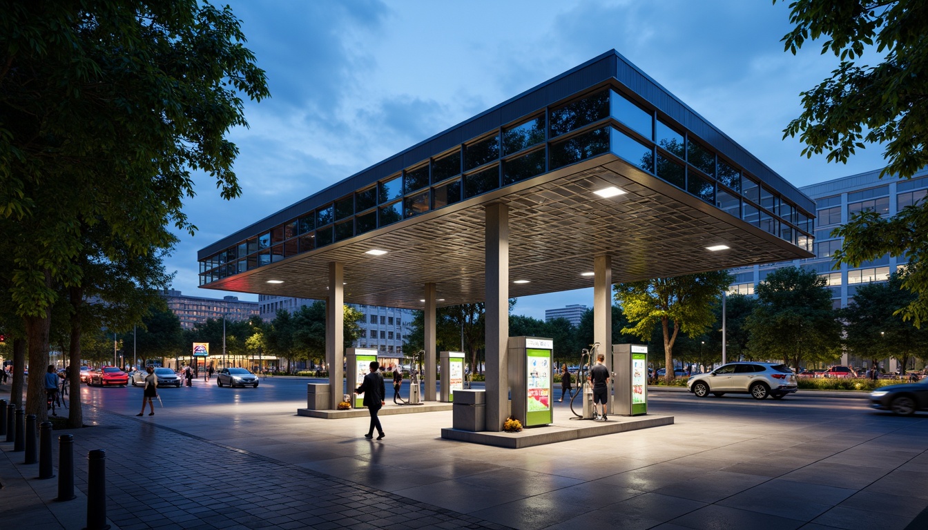 Prompt: Futuristic gas station, sleek metal facade, neon LED lights, angular lines, minimalist design, high-tech equipment, digital displays, touchless payment systems, modern fuel pumps, stainless steel canopies, cantilevered roofs, green walls, living trees, urban landscape, busy streets, vibrant city lights, shallow depth of field, 1/1 composition, realistic textures, ambient occlusion.