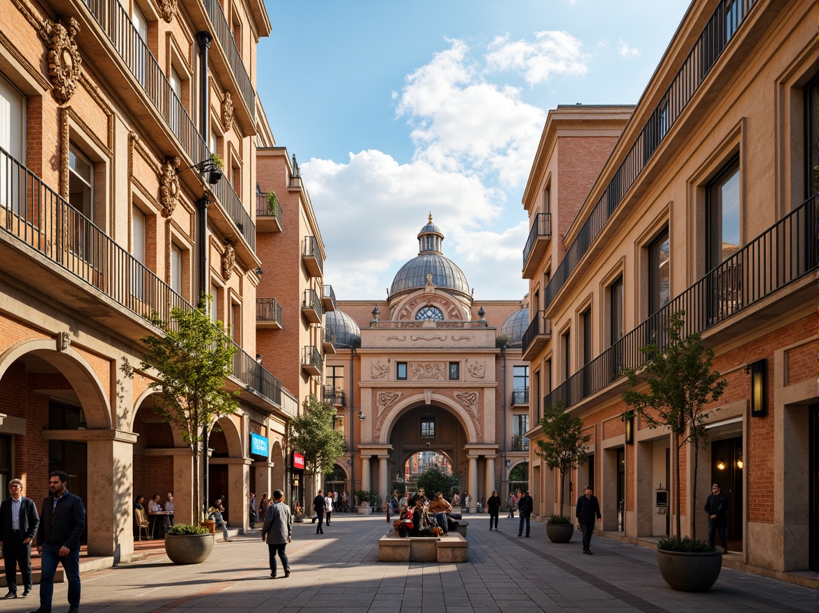 Prompt: Grand cultural center, ornate Renaissance facades, intricately carved stone walls, majestic arches, grandiose columns, vibrant frescoes, ornamental balconies, decorative cornices, rustic brick textures, warm golden lighting, shallow depth of field, 1/2 composition, symmetrical framing, realistic reflections, ambient occlusion, lively street performers, bustling city square, sunny afternoon, soft warm atmosphere.