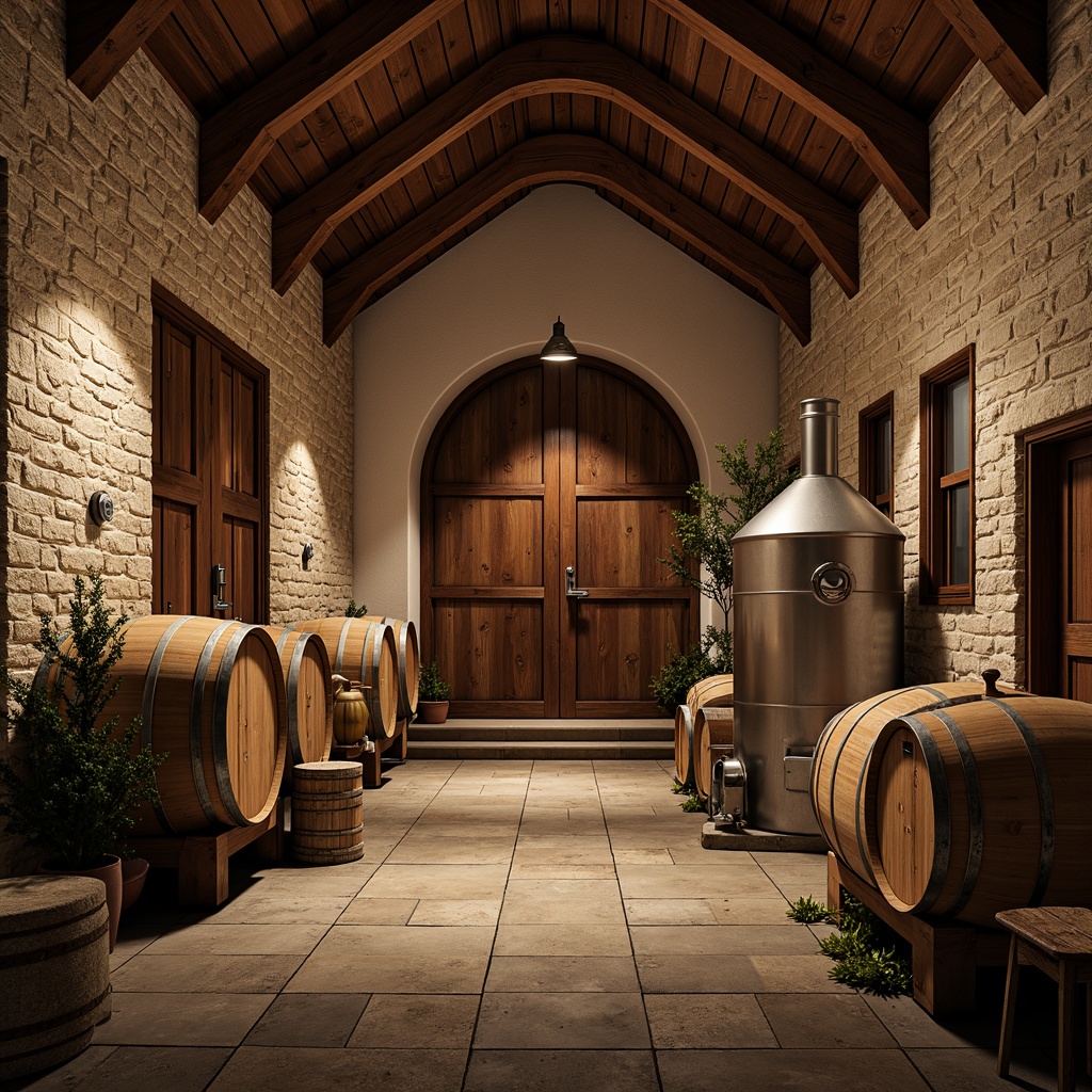 Prompt: Rustic winery building, wooden barrels, vintage wine-making equipment, stone walls, earthy tones, natural lighting, large wooden doors, metal accents, modern industrial touches, sleek steel tanks, stainless steel pipes, fermentation rooms, grape crushing machines, wine cellar, underground tunnels, dim warm lighting, shallow depth of field, 1/1 composition, realistic textures, ambient occlusion.