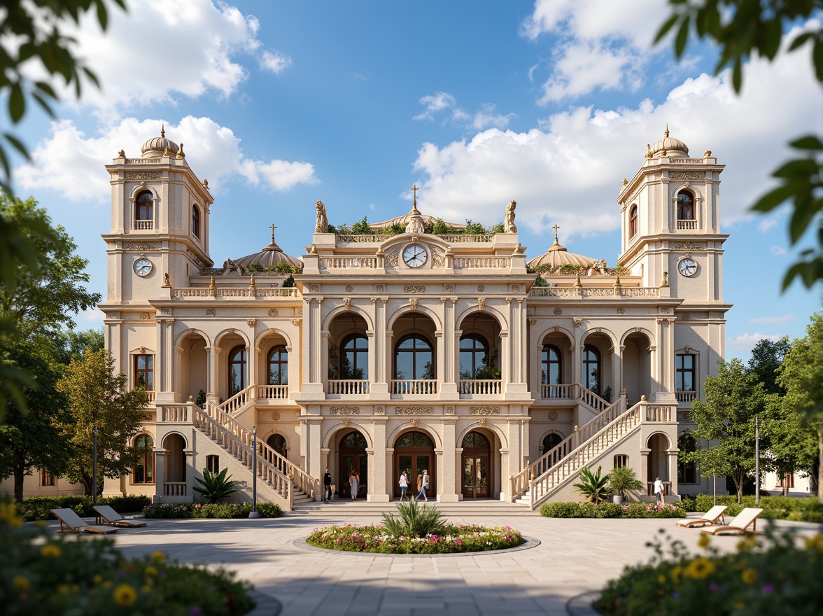 Prompt: Grandiose youth center facade, neoclassical architecture style, ornate columns, symmetrical composition, grand entrance, sweeping staircases, elegant archways, rusticated stone walls, decorative cornices, classical pediments, vibrant frescoes, intricate moldings, polished marble floors, stately clock towers, majestic domes, lush greenery, blooming flowers, sunny day, soft warm lighting, shallow depth of field, 3/4 composition, panoramic view, realistic textures, ambient occlusion.