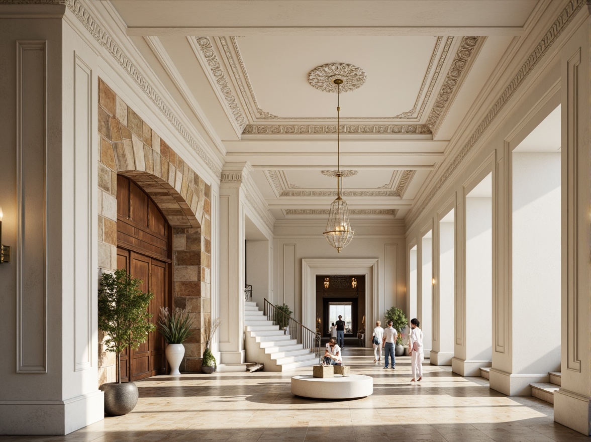 Prompt: Ornate plaster ceilings, decorative moldings, smooth white finishes, textured surfaces, rustic stone walls, classical architectural details, grand entrance halls, sweeping staircases, luxurious interior design, soft warm lighting, shallow depth of field, 3/4 composition, realistic textures, ambient occlusion.