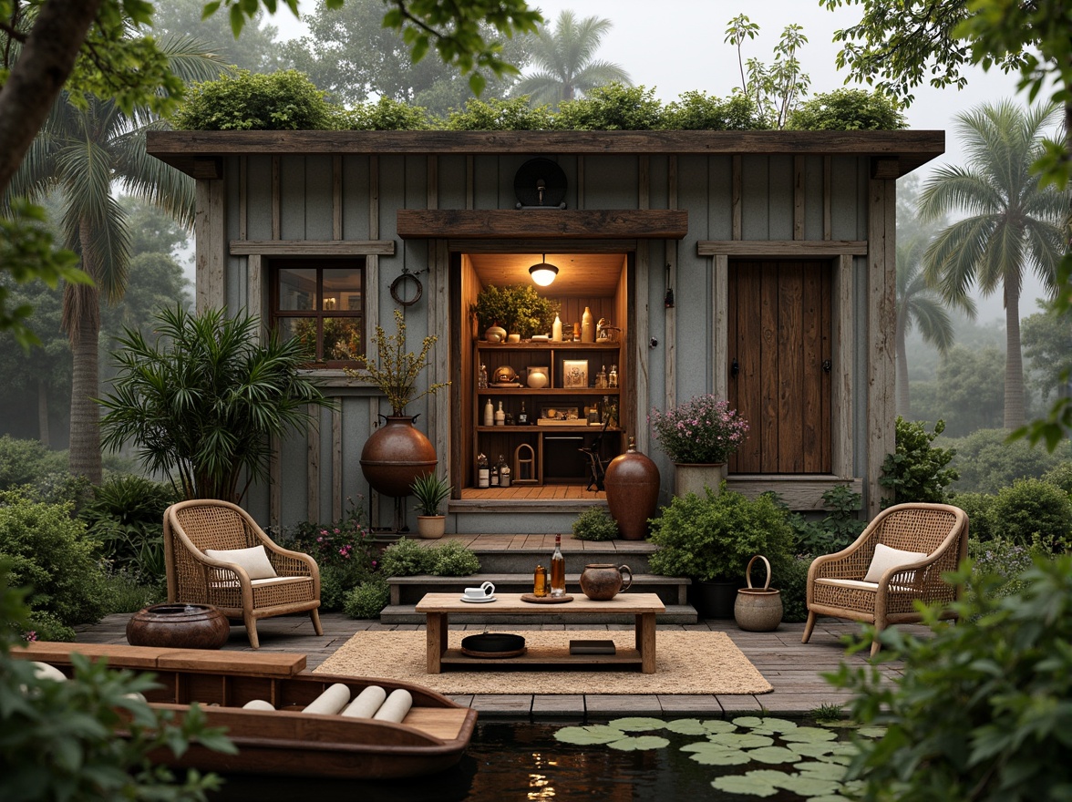 Prompt: Whimsical boathouse, eclectic facade, distressed wood textures, vintage nautical elements, rusty metal accents, colorful glass bottles, woven wicker furniture, lush greenery, overgrown vegetation, misty morning atmosphere, soft warm lighting, shallow depth of field, 1/1 composition, realistic water reflections, ambient occlusion.