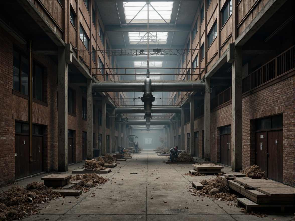 Prompt: Rustic industrial landscape, abandoned factories, distressed brick walls, metal beams, reclaimed wood accents, exposed ductwork, concrete floors, steel columns, urban decay, gritty textures, moody lighting, dramatic shadows, cinematic composition, 1/1 aspect ratio, high contrast, atmospheric fog, misty ambiance, functional pipes, mechanical equipment, industrial heritage, brutalist architecture, raw concrete forms, metallic tones, utilitarian design.