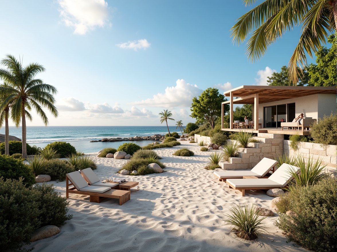 Prompt: Seaside beach houses, ocean views, sandy dunes, palm trees, tropical plants, natural stone walls, wooden decks, outdoor furniture, nautical-themed decor, driftwood accents, sea-inspired color palette, soft warm lighting, shallow depth of field, 1/1 composition, panoramic view, realistic textures, ambient occlusion, beachside pathways, coastal erosion prevention systems, sustainable building materials, eco-friendly design, energy-efficient appliances, floor-to-ceiling windows, sliding glass doors, minimalist interior design.