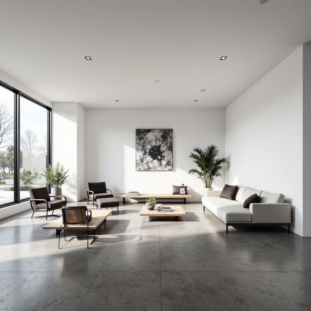 Prompt: Minimalist interior, clean lines, monochromatic color scheme, sleek furniture, low-profile sofas, geometric coffee tables, industrial metal chairs, polished concrete floors, large windows, abundant natural light, subtle textures, soft shadows, 1/1 composition, symmetrical framing, high-contrast lighting, abstract artwork, Scandinavian-inspired design.