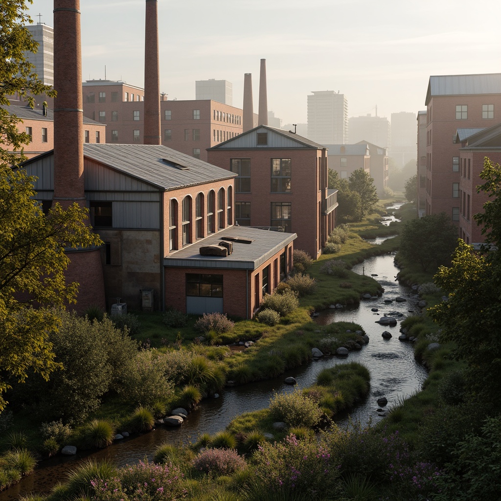 Prompt: Industrial factory complex, rustic brick buildings, corrugated metal roofs, worn concrete walls, vintage machinery, abandoned chimneys, overgrown vegetation, wildflowers, meandering streams, misty atmosphere, soft warm lighting, shallow depth of field, 3/4 composition, panoramic view, realistic textures, ambient occlusion, regionalist architectural style, functional simplicity, earthy color palette, distressed finishes, reclaimed wood accents, metal cladding, industrial heritage, nostalgic ambiance.