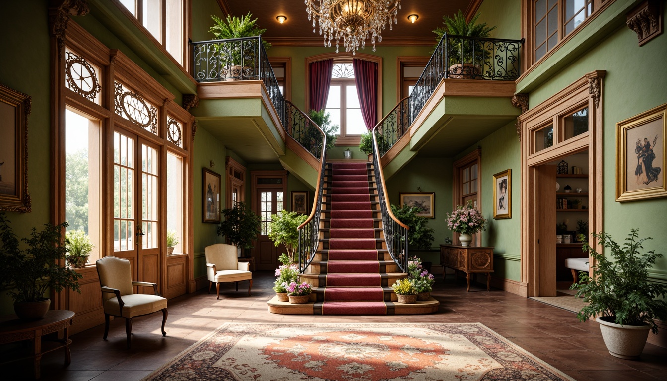 Prompt: Whimsical Victorian-era mansion, intricately carved wooden doors, ornate ironwork balconies, delicate filigree patterns, soft pastel color palette, lush greenery, blooming flowers, grand staircase, crystal chandeliers, plush velvet drapes, antique furnishings, distressed finishes, warm golden lighting, shallow depth of field, 1/1 composition, intimate atmosphere, romantic ambiance.