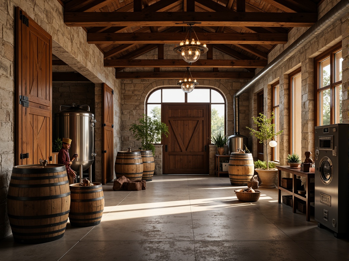 Prompt: Rustic winery building, wooden barrels, vintage wine-making equipment, stone walls, earthy tones, natural lighting, large wooden doors, metal accents, modern industrial touches, sleek steel tanks, stainless steel pipes, fermentation rooms, grape crushing machines, wine cellar, underground tunnels, dim warm lighting, shallow depth of field, 1/1 composition, realistic textures, ambient occlusion.