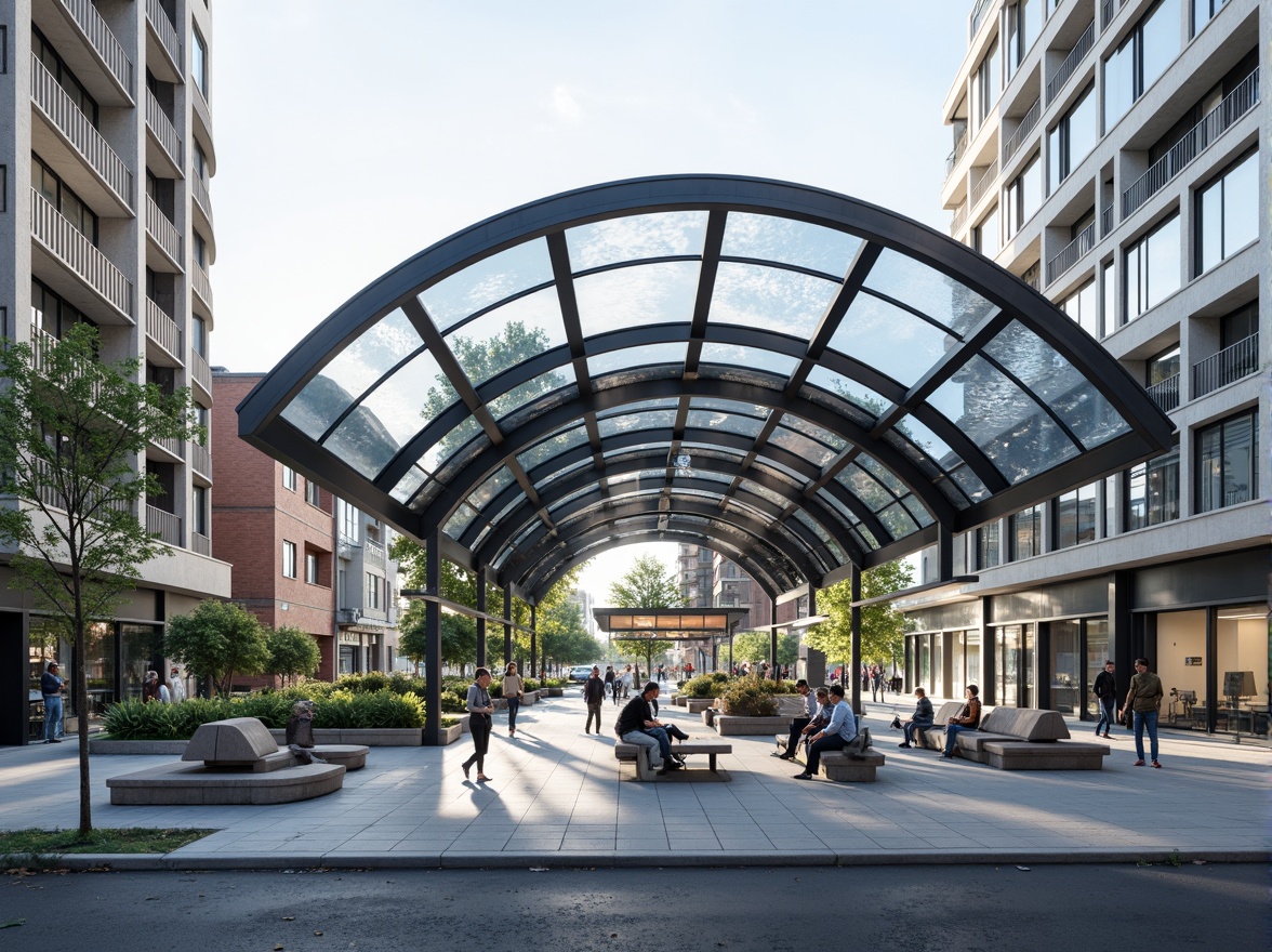 Prompt: Curved bus station canopy, sleek metal framework, transparent glass roofs, modern minimalist architecture, efficient passenger flow, streamlined waiting areas, comfortable seating, real-time information displays, intuitive wayfinding systems, urban cityscape, morning commute, soft natural lighting, shallow depth of field, 1/1 composition, realistic reflections, ambient occlusion.