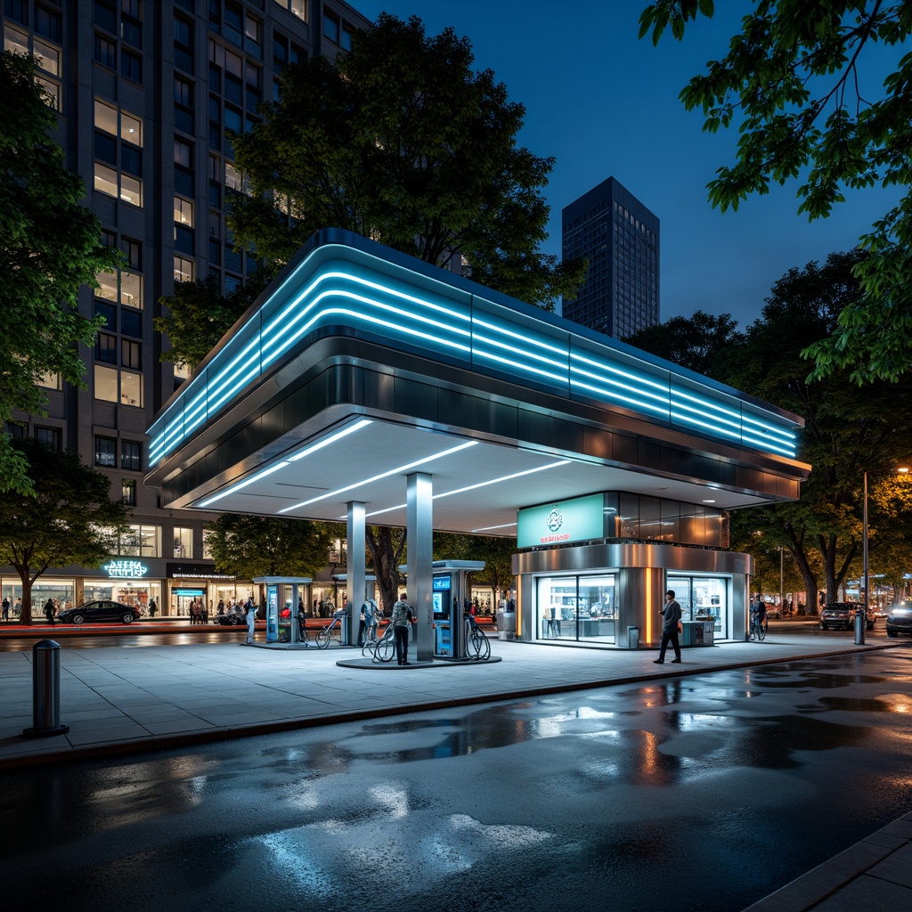 Prompt: Futuristic gas station, sleek metal facade, neon LED lights, angular lines, minimalist design, high-tech equipment, digital displays, touchless payment systems, modern fuel pumps, stainless steel canopies, cantilevered roofs, green walls, living trees, urban landscape, busy streets, vibrant city lights, shallow depth of field, 1/1 composition, realistic textures, ambient occlusion.