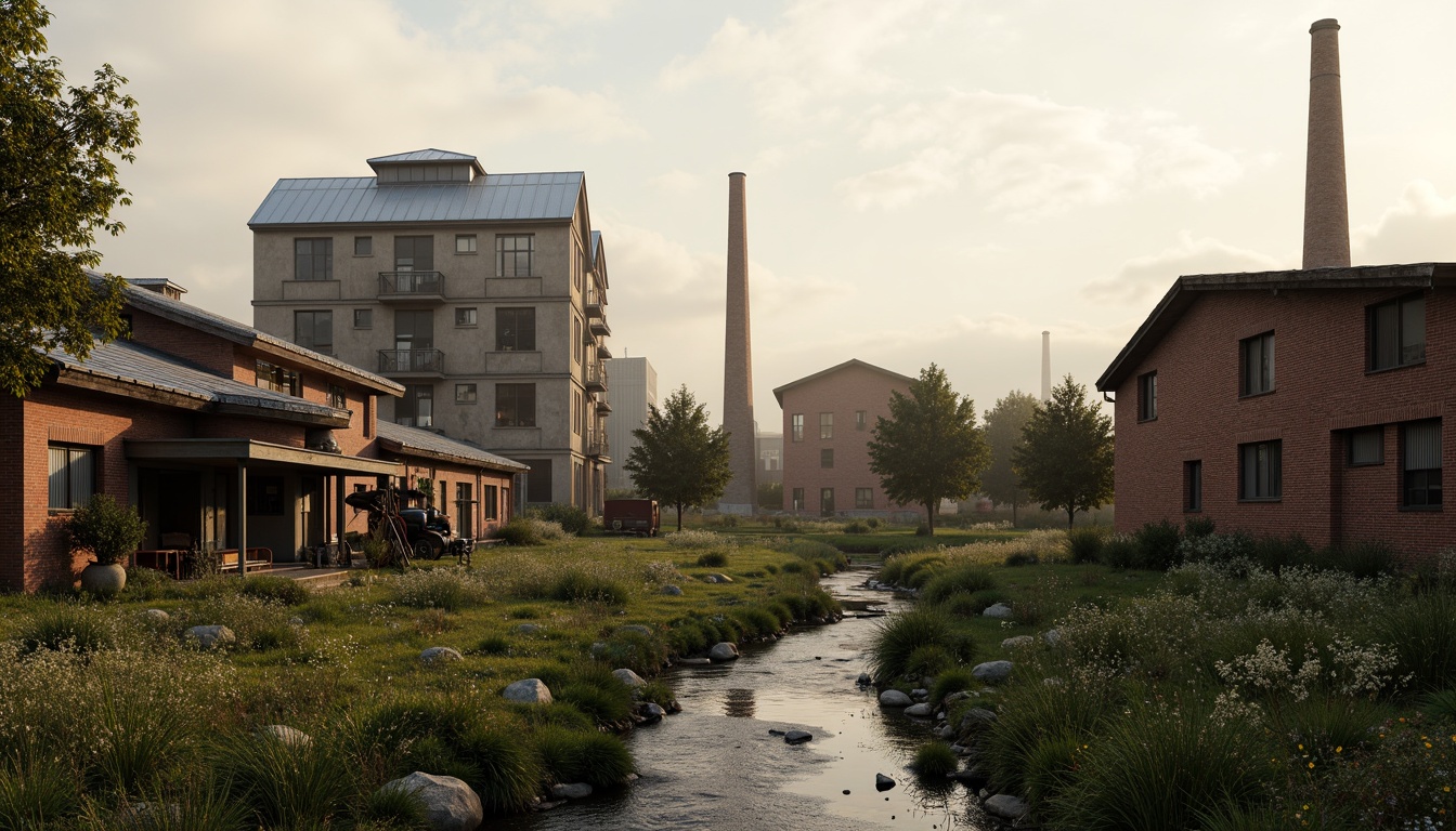 Prompt: Industrial factory complex, rustic brick buildings, corrugated metal roofs, worn concrete walls, vintage machinery, abandoned chimneys, overgrown vegetation, wildflowers, meandering streams, misty atmosphere, soft warm lighting, shallow depth of field, 3/4 composition, panoramic view, realistic textures, ambient occlusion, regionalist architectural style, functional simplicity, earthy color palette, distressed finishes, reclaimed wood accents, metal cladding, industrial heritage, nostalgic ambiance.