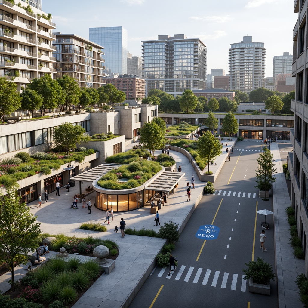 Prompt: Vibrant transportation hub, lush green roofs, natural stone walls, modern architecture, large windows, glass facades, bustling streets, pedestrian walkways, cyclist lanes, public art installations, urban furniture, dynamic lighting systems, shallow depth of field, 3/4 composition, panoramic view, realistic textures, ambient occlusion, integrated landscape design, native plant species, rainwater harvesting systems, green infrastructure, eco-friendly materials, sustainable transportation solutions, electric vehicle charging stations, futuristic train stations, bus rapid transit systems.