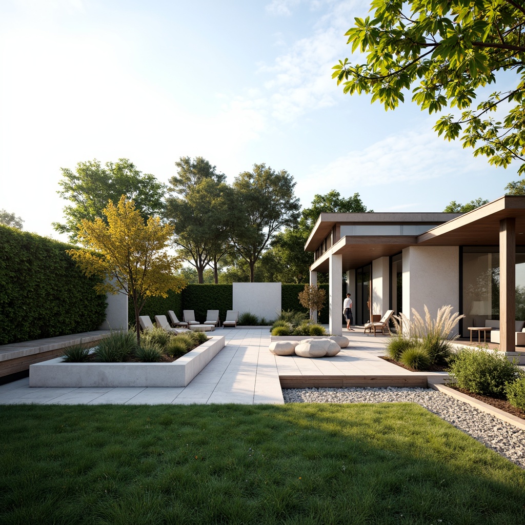 Prompt: Sleek villa, minimalist architecture, clean lines, simple forms, neutral color palette, lush greenery, trimmed hedges, manicured lawns, gravel pathways, natural stone walls, wooden decks, modern outdoor furniture, geometric planters, succulent arrangements, serene ambiance, soft warm lighting, shallow depth of field, 3/4 composition, panoramic view, realistic textures, ambient occlusion.