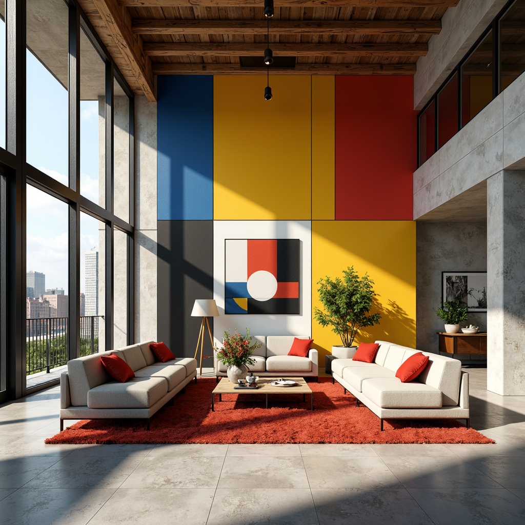 Prompt: Vibrant primary colors, bold geometric shapes, industrial materials, functional simplicity, rectangular forms, clean lines, minimal ornamentation, open floor plans, large windows, natural light, urban landscapes, modern cityscapes, brutalist influences, raw concrete textures, steel beams, wooden accents, minimalist decor, abstract artwork, graphic patterns, dynamic compositions, high contrast lighting, 1/1 composition, realistic renderings.