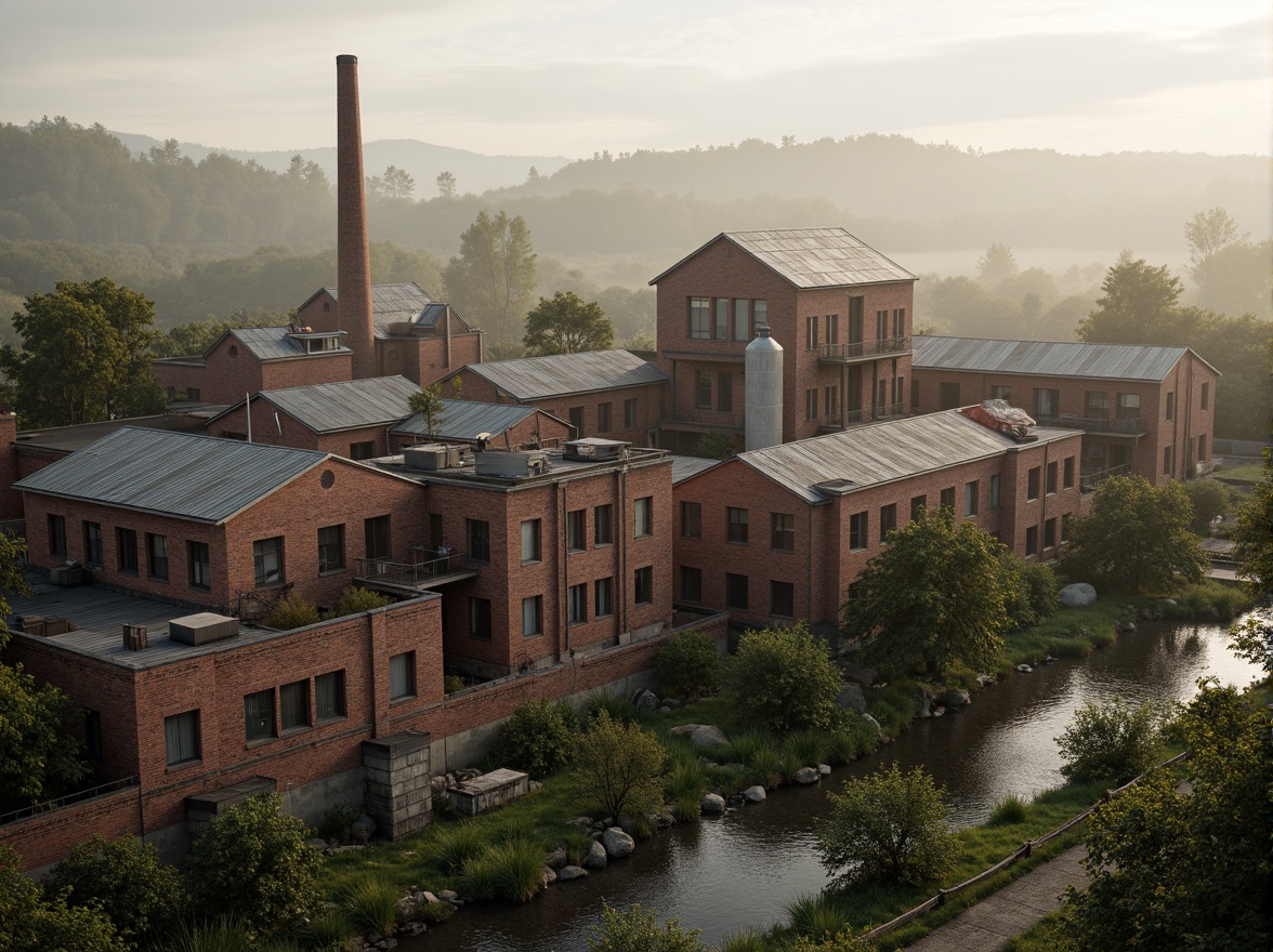 Prompt: Industrial factory complex, rustic brick buildings, corrugated metal roofs, worn concrete walls, vintage machinery, abandoned chimneys, overgrown vegetation, wildflowers, meandering streams, misty atmosphere, soft warm lighting, shallow depth of field, 3/4 composition, panoramic view, realistic textures, ambient occlusion, regionalism-inspired architecture, modern industrial design, functional spaces, exposed ductwork, metal catwalks, reclaimed wood accents, earthy color palette, natural stone pathways, weathered steel bridges.