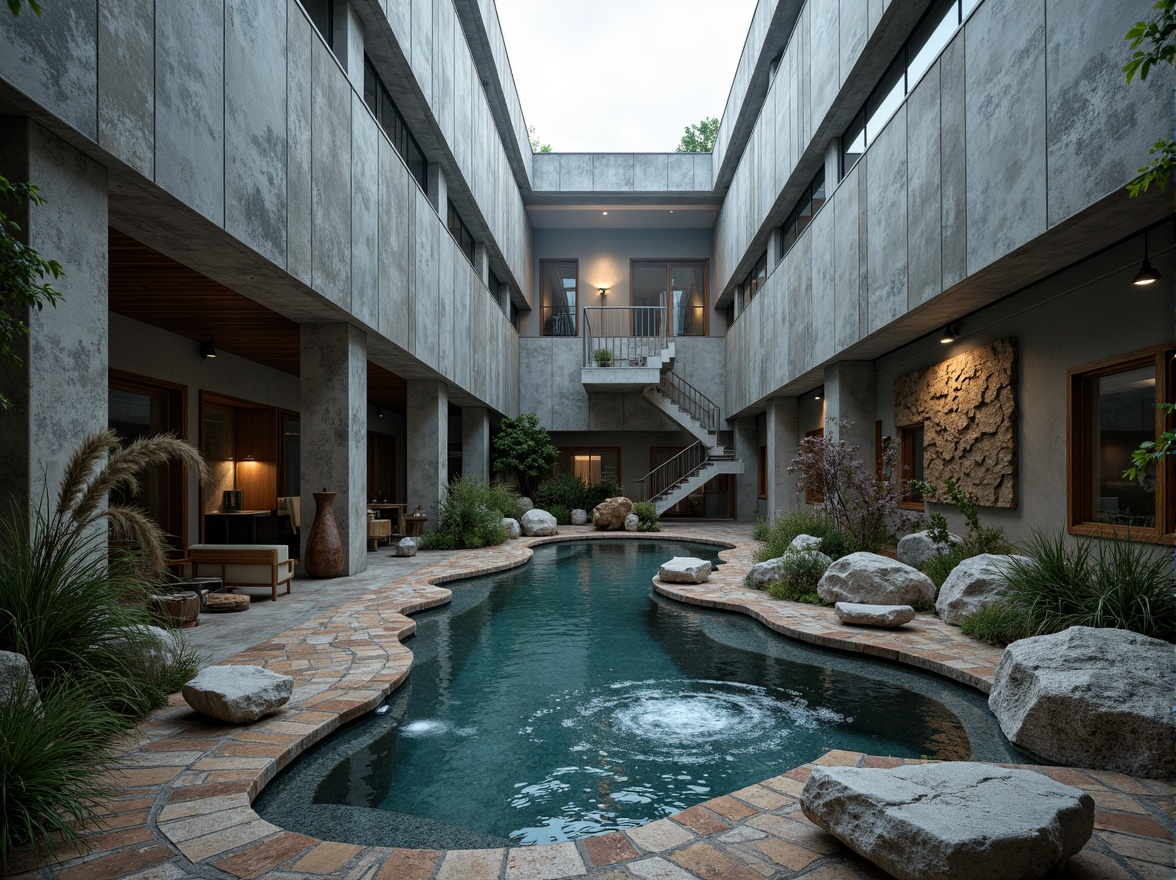 Prompt: Rugged concrete walls, fragmented stone tiles, distressed metal accents, irregularly shaped pools, turbulent water effects, abstract sculptures, industrial-style lighting fixtures, exposed pipes and ducts, brutalist architecture, weathered wood decking, rough-hewn boulders, overgrown vegetation, misty atmosphere, dramatic shadows, high-contrast lighting, cinematic composition, bold color palette, textured renderings.