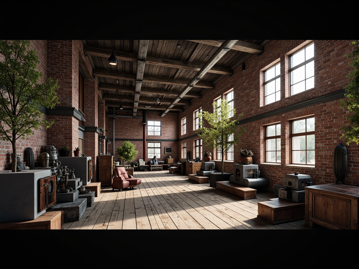 Prompt: Industrial factory setting, exposed brick walls, metal beams, worn wooden floors, vintage machinery, distressed textures, earthy tones, muted colors, rusty reds, weathered blues, faded yellows, industrial greys, urban atmosphere, gritty realism, high contrast lighting, dramatic shadows, cinematic composition, 1/2 camera angle, realistic renderings, ambient occlusion.