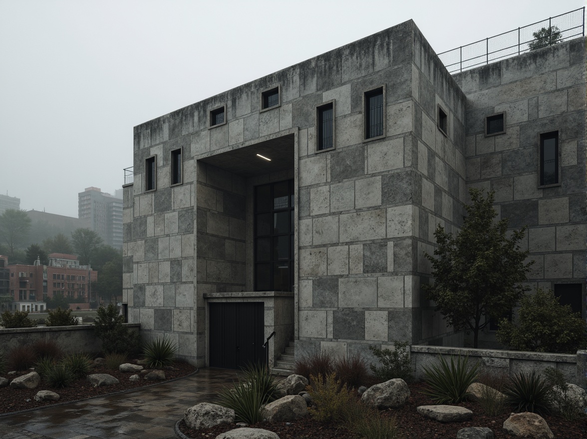 Prompt: Rough-hewn concrete walls, brutalist fa\u00e7ade, rugged stone textures, industrial metal accents, bold geometric shapes, fortress-like architecture, imposing structure, dramatic shading, moody atmospheric lighting, cinematic composition, 1/1 aspect ratio, high-contrast color palette, weathered exterior surfaces, distressed finishes, urban landscape, overcast sky, misty atmosphere, subtle camera movements, realistic renderings.