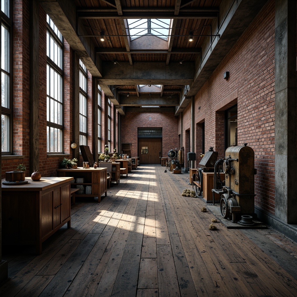 Prompt: Industrial factory setting, exposed brick walls, metal beams, worn wooden floors, vintage machinery, distressed textures, earthy tones, muted colors, rusty reds, weathered blues, faded yellows, industrial greys, urban atmosphere, gritty realism, high contrast lighting, dramatic shadows, cinematic composition, 1/2 camera angle, realistic renderings, ambient occlusion.