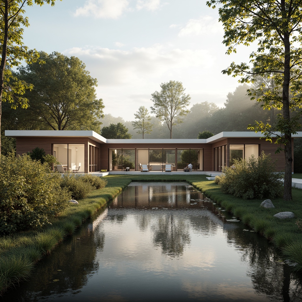 Prompt: Seamless site integration, minimalist architecture, clean lines, simple forms, neutral color palette, natural materials, wooden accents, stone walls, green roofs, subtle textures, ambient lighting, soft shadows, 1/1 composition, symmetrical framing, serene atmosphere, peaceful surroundings, lush vegetation, calm water features, misty morning, warm sunlight, shallow depth of field.