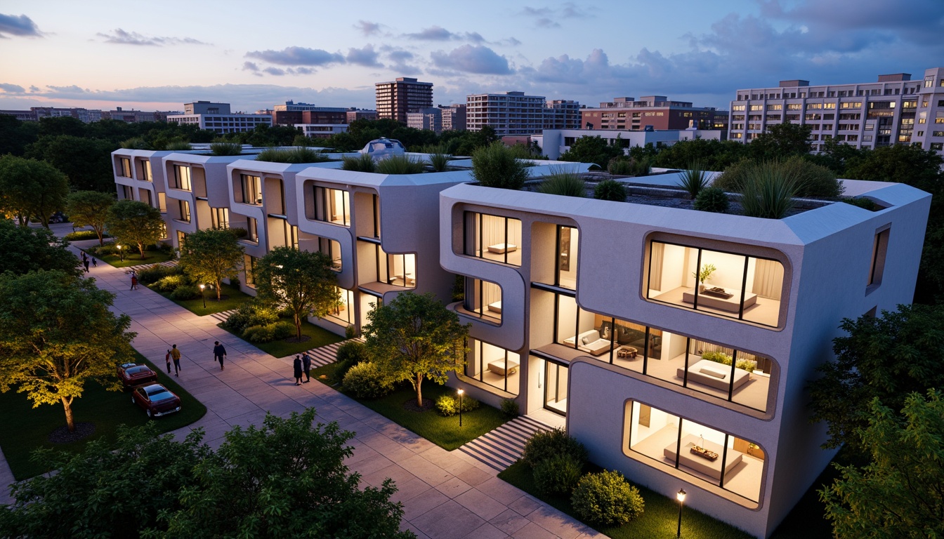 Prompt: Sleek modern residences, curved building facades, large windows, sliding glass doors, rooftop gardens, green roofs, urban parks, pedestrian walkways, bike lanes, street art, vibrant city lights, warm evening ambiance, shallow depth of field, 1/1 composition, realistic textures, ambient occlusion.