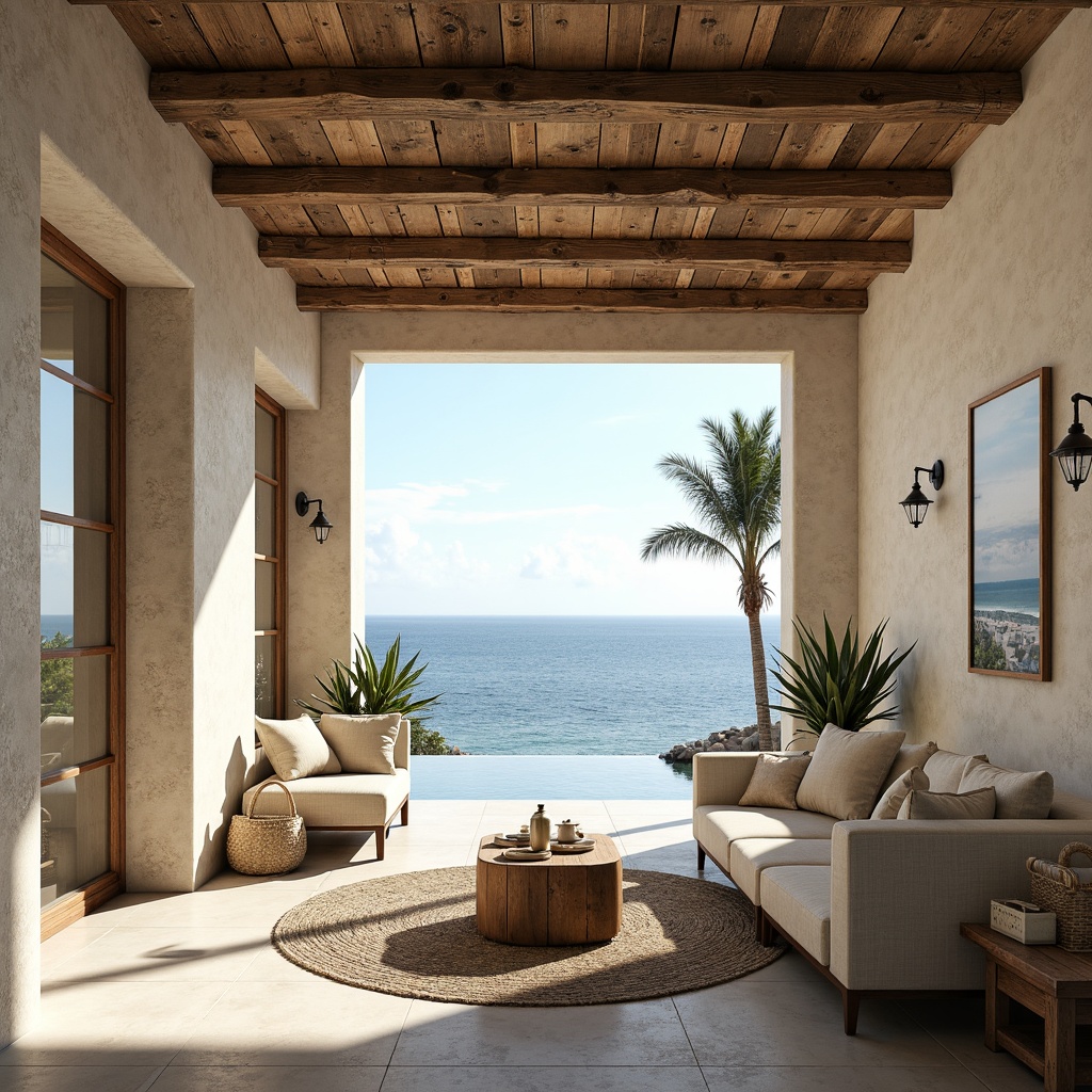 Prompt: Coastal villa, oceanfront views, salty air, sea spray, rustic stonework, weathered wood accents, distressed finishes, textured plaster walls, soft pastel hues, calming color palette, natural materials, earthy tones, organic forms, curved lines, beach-inspired decor, driftwood furniture, woven textiles, nautical accents, warm sunny day, soft diffused lighting, shallow depth of field, 1/1 composition, realistic textures, ambient occlusion.