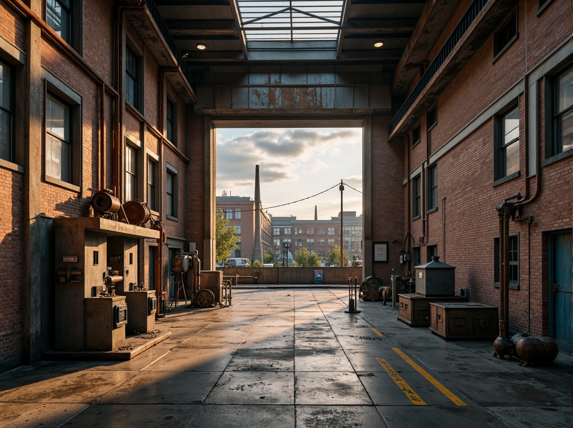 Prompt: Industrial factory setting, exposed brick walls, metal beams, worn wooden floors, distressed concrete textures, vintage machinery, rusty pipes, urban cityscape, cloudy grey skies, warm golden lighting, shallow depth of field, 1/2 composition, realistic materials, ambient occlusion, muted color palette, earthy tones, weathered steel blues, faded reds, industrial greens, creamy whites, rich browns.