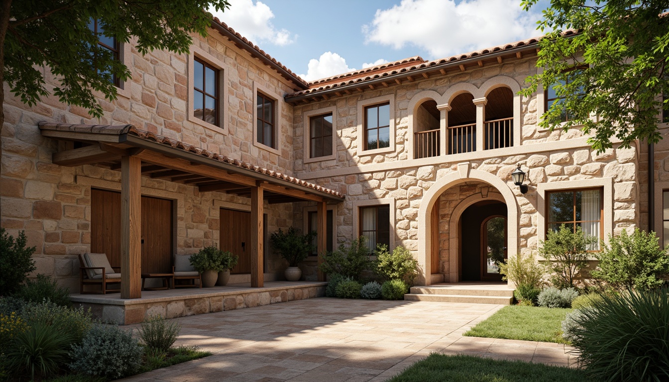 Prompt: Rustic monastery facade, stone walls, arched windows, ornate carvings, wooden doors, terracotta roof tiles, earthy color palette, natural stone textures, intricate stonework patterns, serene courtyard, lush greenery, peaceful ambiance, warm soft lighting, shallow depth of field, 1/2 composition, realistic render, ambient occlusion, subtle weathering effects.