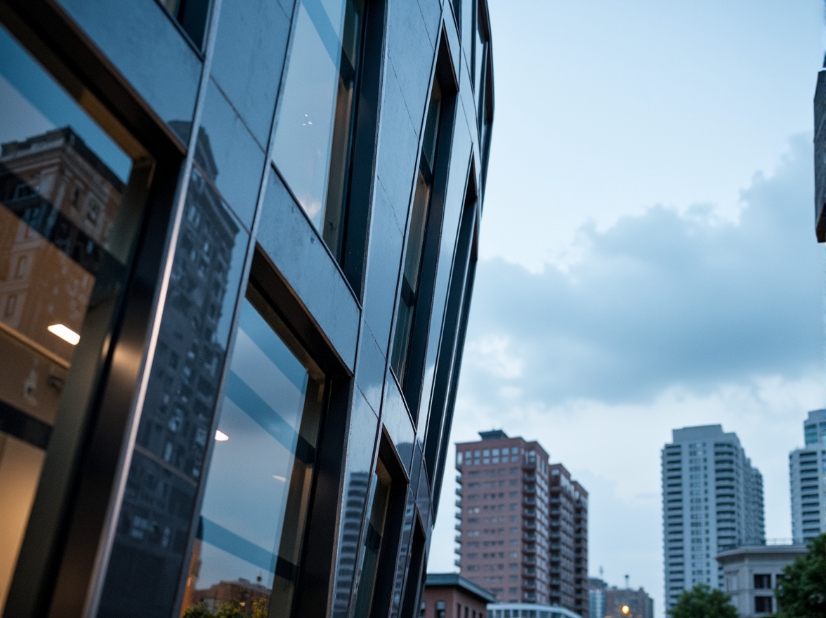 Prompt: Curved building facade, sleek metal frames, minimalist window patterns, reflective glass surfaces, angular lines, modern streamline moderne style, futuristic aesthetic, urban cityscape, cloudy blue sky, soft warm lighting, shallow depth of field, 3/4 composition, panoramic view, realistic textures, ambient occlusion, silver aluminum accents, hidden window hinges, automated window systems, energy-efficient glazing, soundproofing technology, minimalist interior design, monochromatic color scheme.