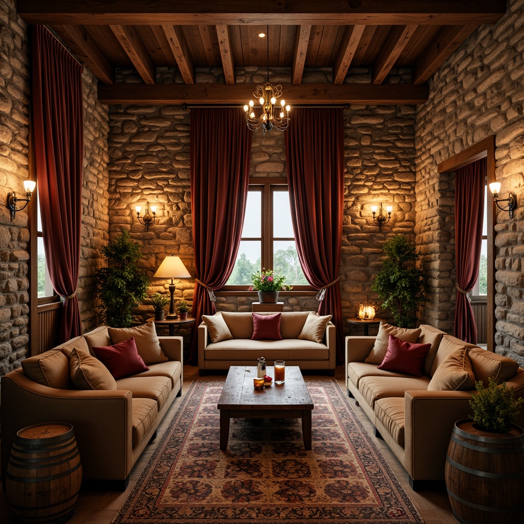 Prompt: Rustic winery interior, earthy tone fabrics, natural fiber upholstery, woven baskets, wooden accents, stone walls, dim warm lighting, cozy atmosphere, plush area rugs, rich velvet drapes, metallic accents, wine barrel decorations, vintage wine-making equipment, distressed wood tables, comfortable lounge seating, soft candlelight, shallow depth of field, 1/1 composition, realistic textures, ambient occlusion.