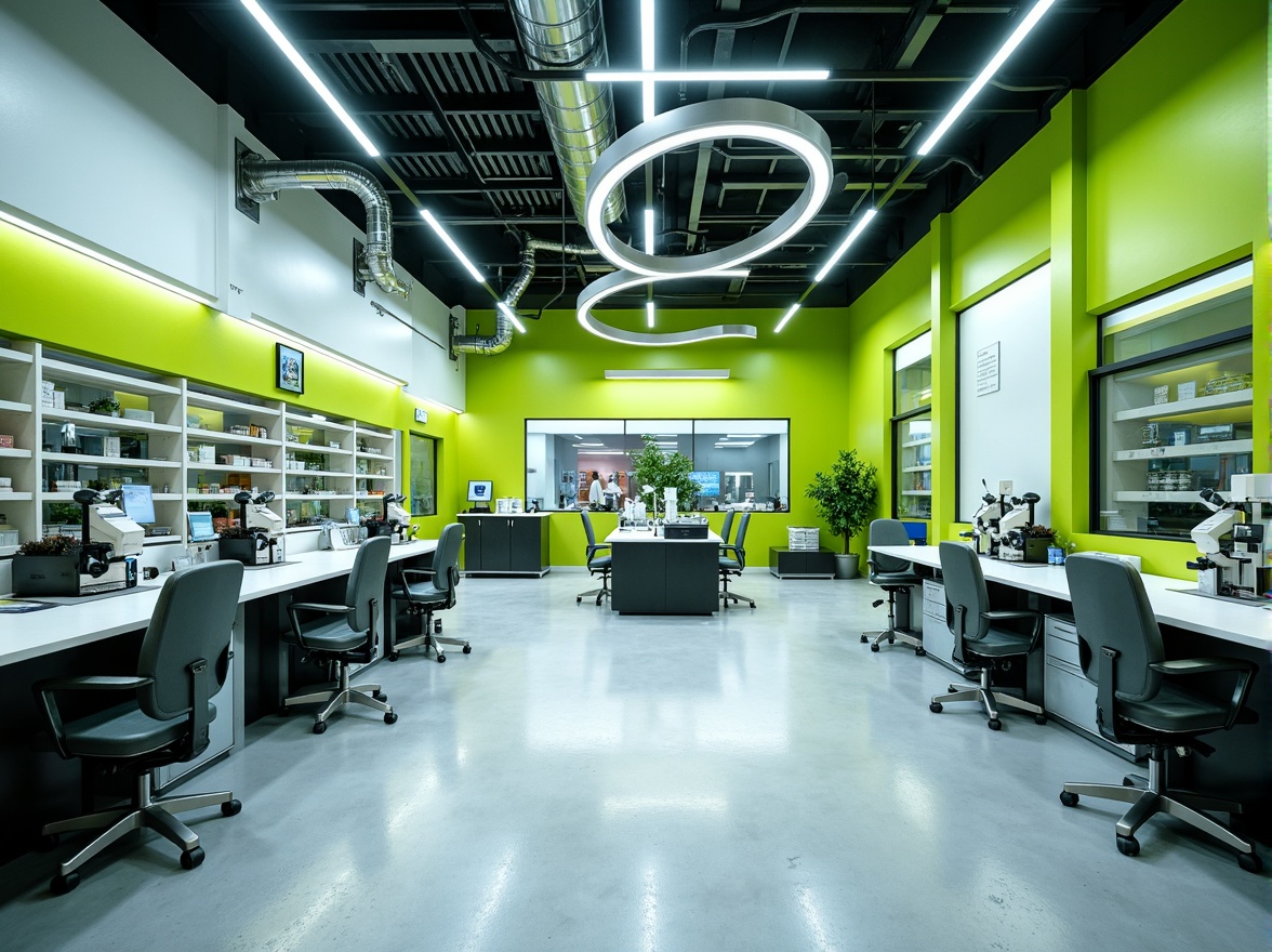 Prompt: Vibrant laboratory interior, bold color scheme, neon green accents, sleek metal equipment, futuristic workstations, ergonomic chairs, minimalist shelving units, industrial-style lighting fixtures, polished concrete floors, modular wall systems, adaptable experimental spaces, dynamic ceiling installations, LED strip lights, high-contrast visual displays, sterile white surfaces, safety glass partitions, precision instruments, advanced microscopy tools, collaborative research environments, natural light infusion, softbox diffused lighting, 1/1 composition, shallow depth of field.