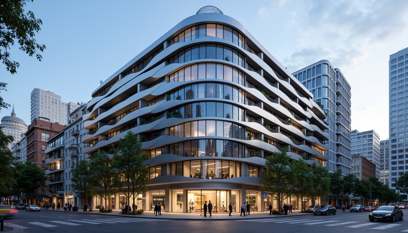 Prompt: Curved building facade, metallic materials, polished chrome accents, horizontal lines, rounded corners, minimalist ornamentation, large glass windows, sliding doors, cantilevered balconies, urban cityscape, busy streets, modern skyscrapers, cloudy blue sky, soft natural light, shallow depth of field, 2/3 composition, symmetrical framing, high-contrast lighting, detailed textures, ambient occlusion.