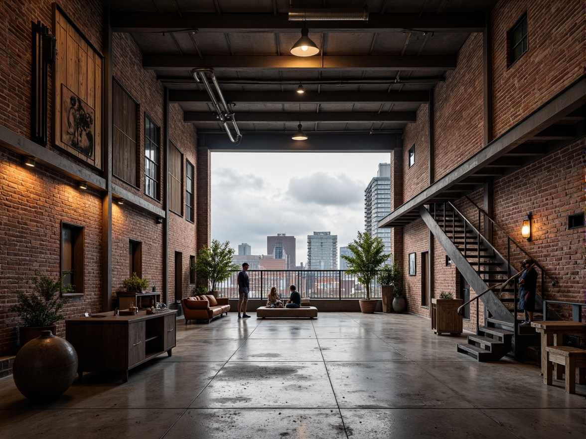 Prompt: Rustic industrial warehouse, exposed brick walls, metal beams, reclaimed wood accents, vintage machinery, distressed concrete floors, urban cityscape, cloudy grey sky, dramatic warm lighting, shallow depth of field, 1/1 composition, realistic textures, ambient occlusion, functional pipes, industrial-style lamps, metallic staircases, minimalist decor, modern urban living, converted loft spaces.