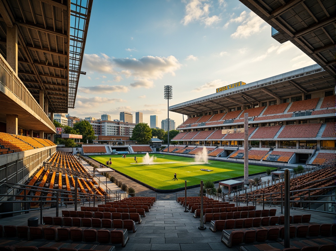 Prompt: Vibrant stadium, expressionist architecture, bold concrete structures, rough stone walls, rusty metal beams, distressed wood accents, abstract geometric patterns, dynamic lighting effects, intense color contrasts, dramatic shadows, atmospheric misting systems, lush greenery, artificial turf, sports equipment, goalposts, bleachers, spectator seats, urban cityscape backdrop, warm golden hour, cinematic composition, shallow depth of field, realistic textures, ambient occlusion.