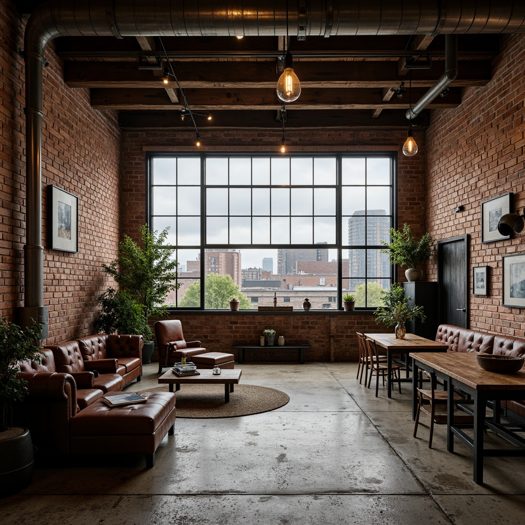 Prompt: Rustic industrial warehouse, exposed brick walls, metal beams, reclaimed wood accents, distressed concrete floors, vintage machinery, worn leather upholstery, metallic pipes, Edison bulb lighting, urban cityscape, cloudy grey sky, soft natural light, shallow depth of field, 2/3 composition, realistic textures, ambient occlusion.