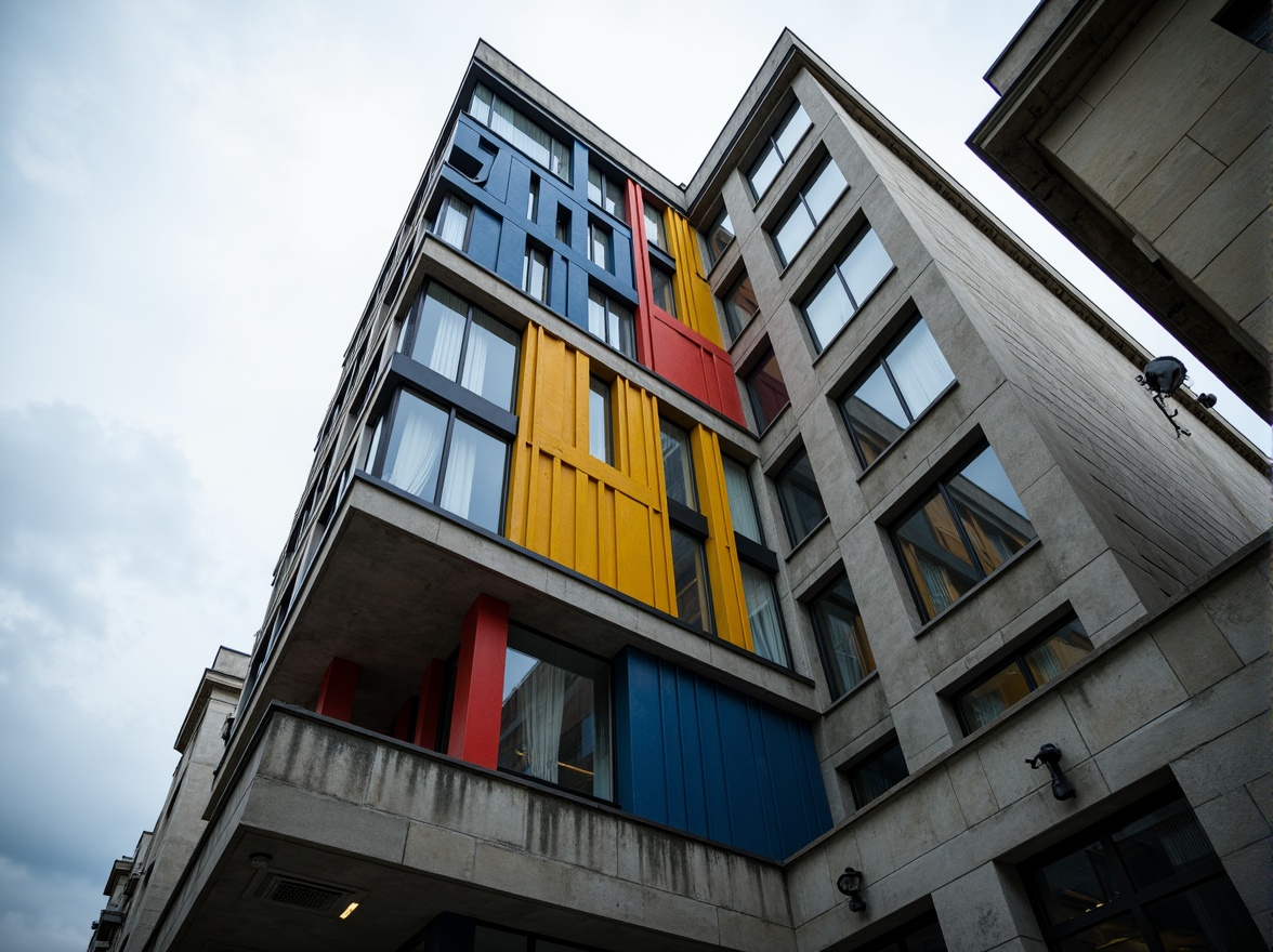 Prompt: Geometric tower facade, asymmetrical composition, rectangular windows, industrial materials, exposed concrete, steel beams, minimalist ornamentation, functional simplicity, bold color blocking, primary color accents, abstract typography, urban cityscape, cloudy grey sky, dramatic shadow play, low-angle shot, 1/2 composition, high-contrast lighting, gritty textures, atmospheric fog.