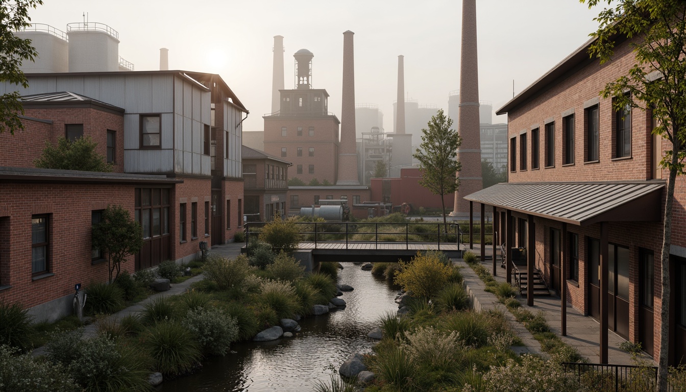 Prompt: Industrial factory complex, rustic brick buildings, corrugated metal roofs, worn concrete walls, vintage machinery, abandoned chimneys, overgrown vegetation, wildflowers, meandering streams, misty atmosphere, soft warm lighting, shallow depth of field, 3/4 composition, panoramic view, realistic textures, ambient occlusion, regionalism-inspired architecture, modern industrial design, functional spaces, exposed ductwork, metal catwalks, reclaimed wood accents, earthy color palette, natural stone pathways, weathered steel bridges.